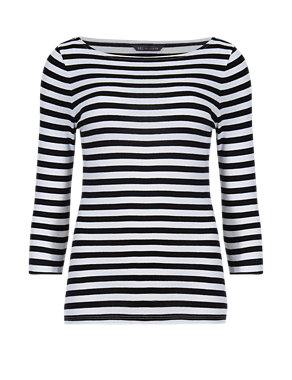 Pure Cotton 3/4 Sleeve Striped T-Shirt Image 2 of 4