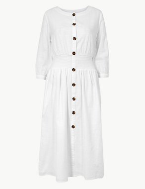 Pure Cotton 3/4 Sleeve Waisted Midi Dress Image 2 of 4