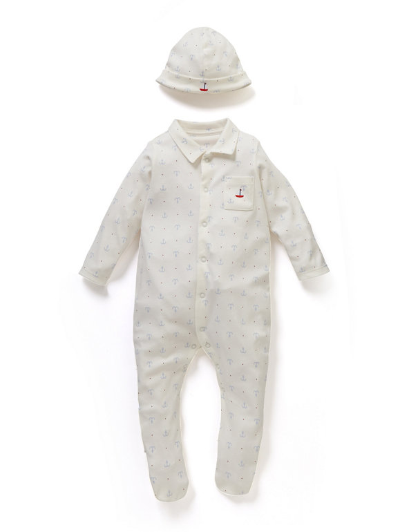 Pure Cotton Anchor Print Sleepsuit & Hat Image 1 of 2