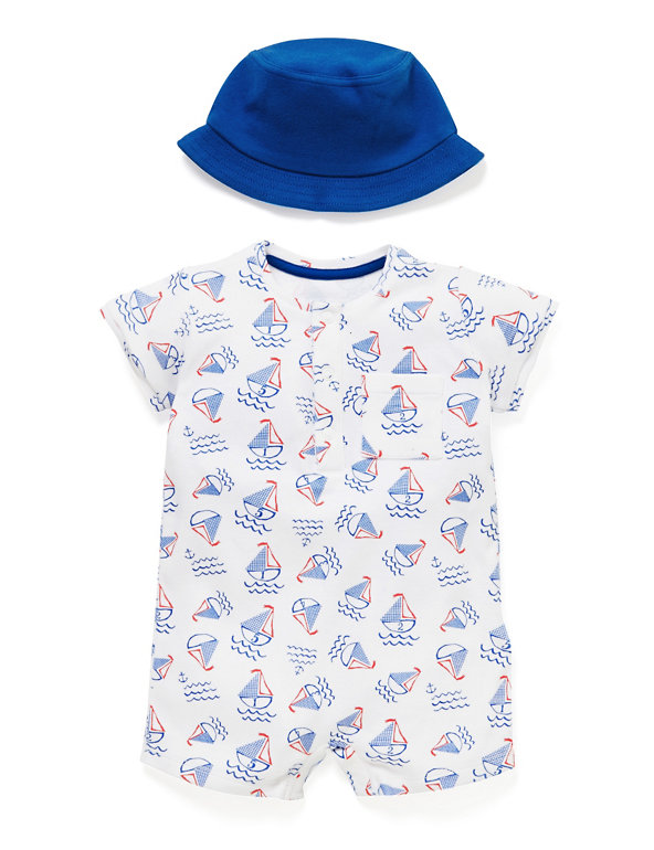 Pure Cotton Assorted Print Romper with Hat Image 1 of 2