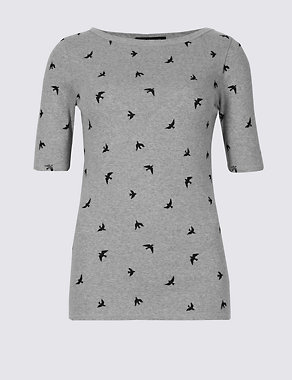 Pure Cotton Bird Print Half Sleeve T-Shirt Image 2 of 4