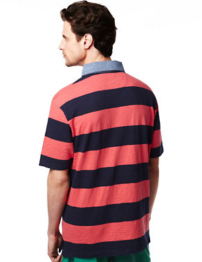 Pure Cotton Block Striped Slub Polo Shirt Image 2 of 3