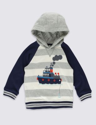 Pure Cotton Boat Appliqué Hooded Top (1-7 Years) Image 2 of 3