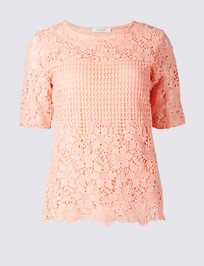 Pure Cotton Border Lace Round Neck T-Shirt Image 2 of 5