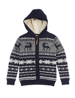 Pure Cotton Borg Lined Hooded Cardigan (5-14 Years) Image 2 of 3