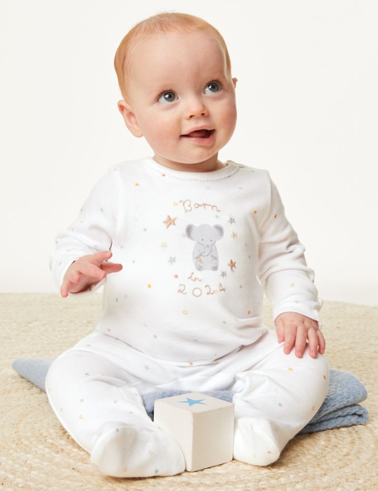 Pure Cotton Born In 2024 Sleepsuit (7lbs-9 Mths) 1 of 5