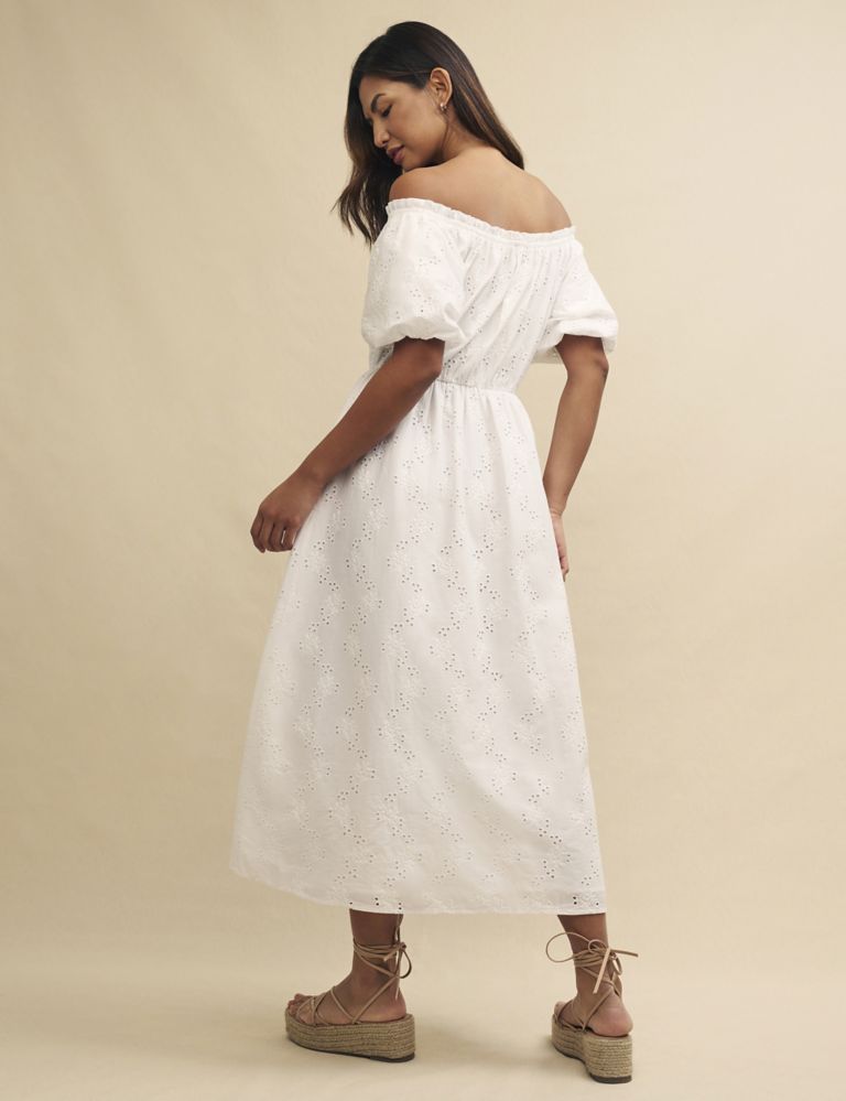 Pure Cotton Broderie Bardot Waisted Midaxi Dress