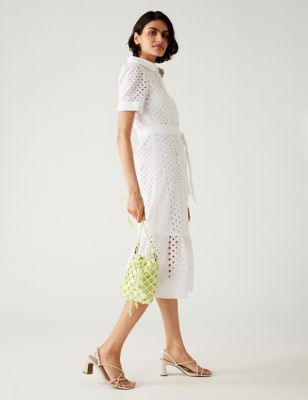 Pure Cotton Broderie Belted Midi Shirt Dress