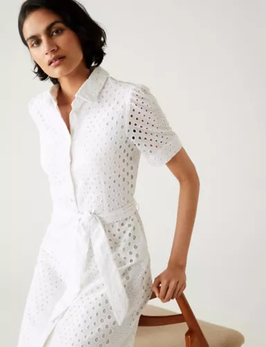 Pure Cotton Broderie Belted Midi Shirt Dress 3 of 6
