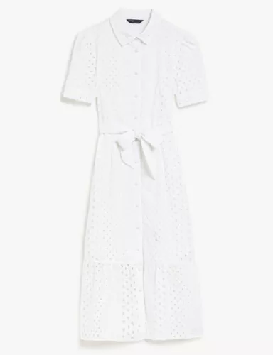 Pure Cotton Broderie Belted Midi Shirt Dress 2 of 6