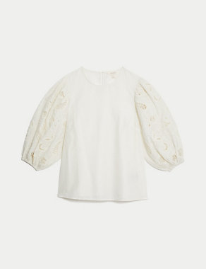 Pure Cotton Broderie Blouson Sleeve Blouse Image 2 of 5
