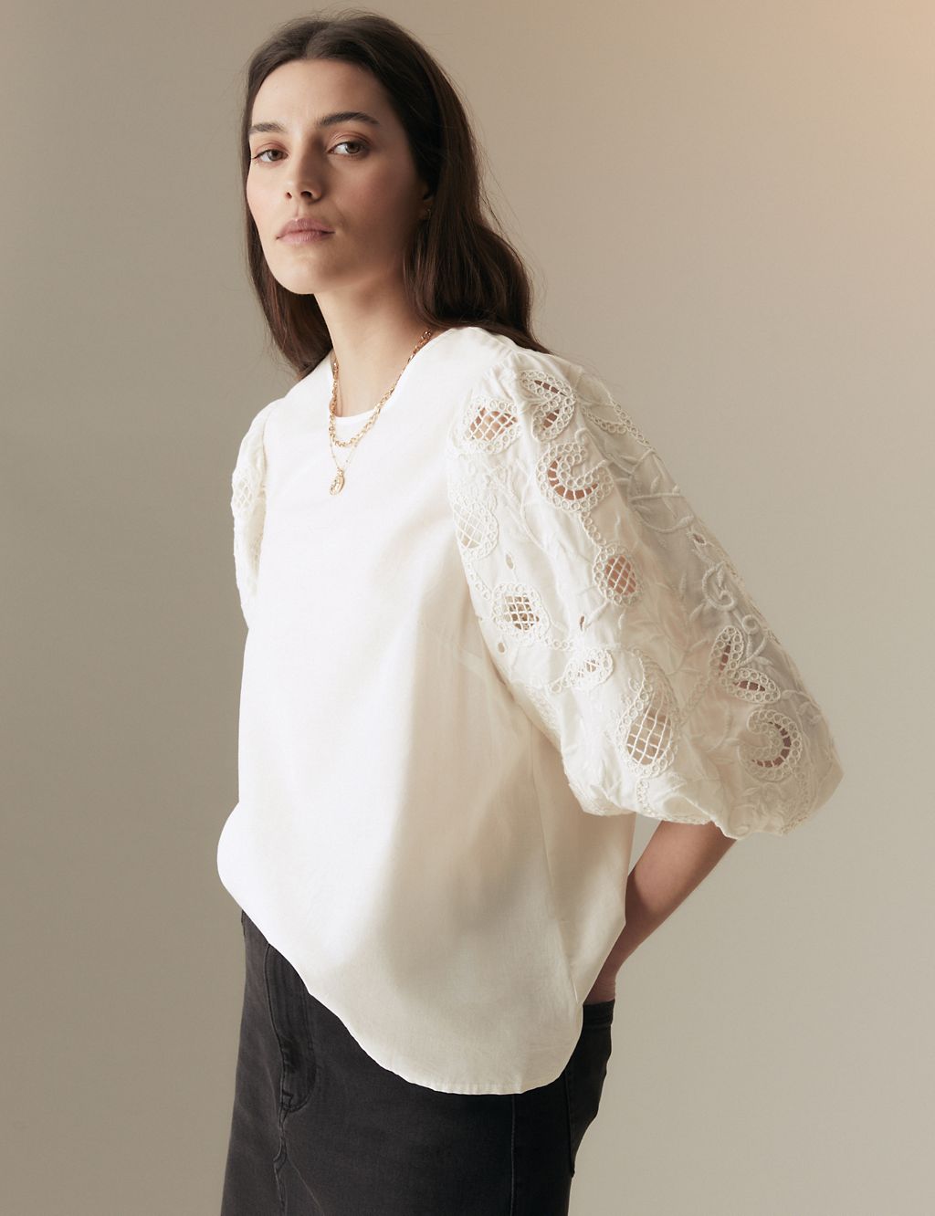 Pure Cotton Broderie Blouson Sleeve Blouse 2 of 5