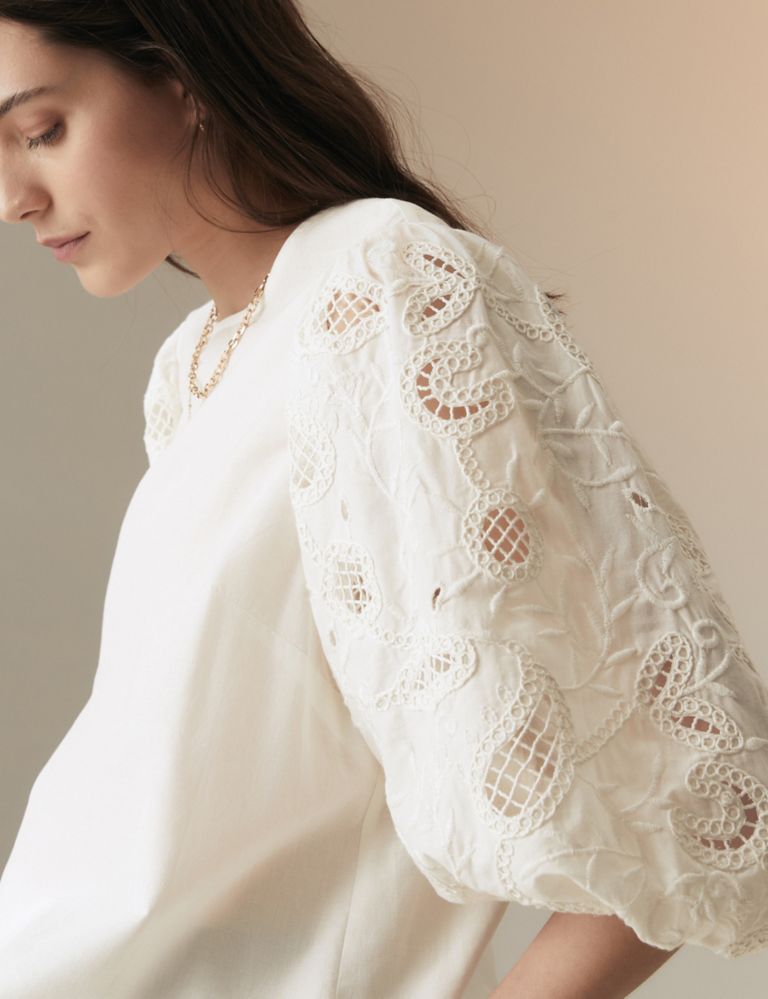 Pure Cotton Broderie Blouson Sleeve Blouse 5 of 5
