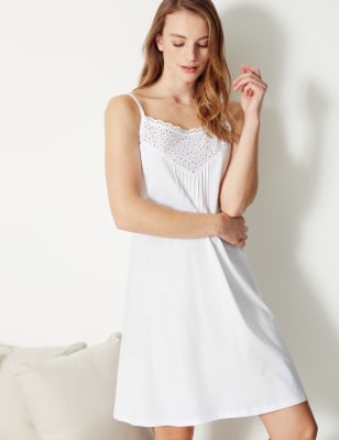 Pure Cotton Broderie Detail Strappy Chemise, M&S Collection