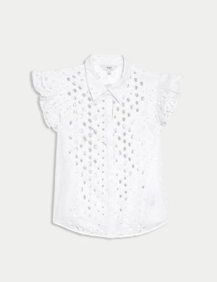 Pure Cotton Broderie Frill Detail Shirt Image 2 of 5