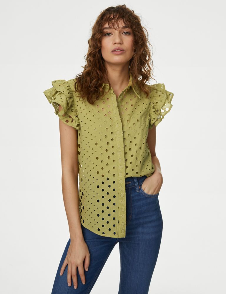 Pure Cotton Broderie Frill Detail Shirt 1 of 5