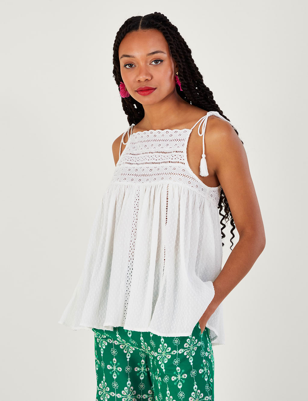 Pure Cotton Broderie High Neck Cami Top Monsoon M&S