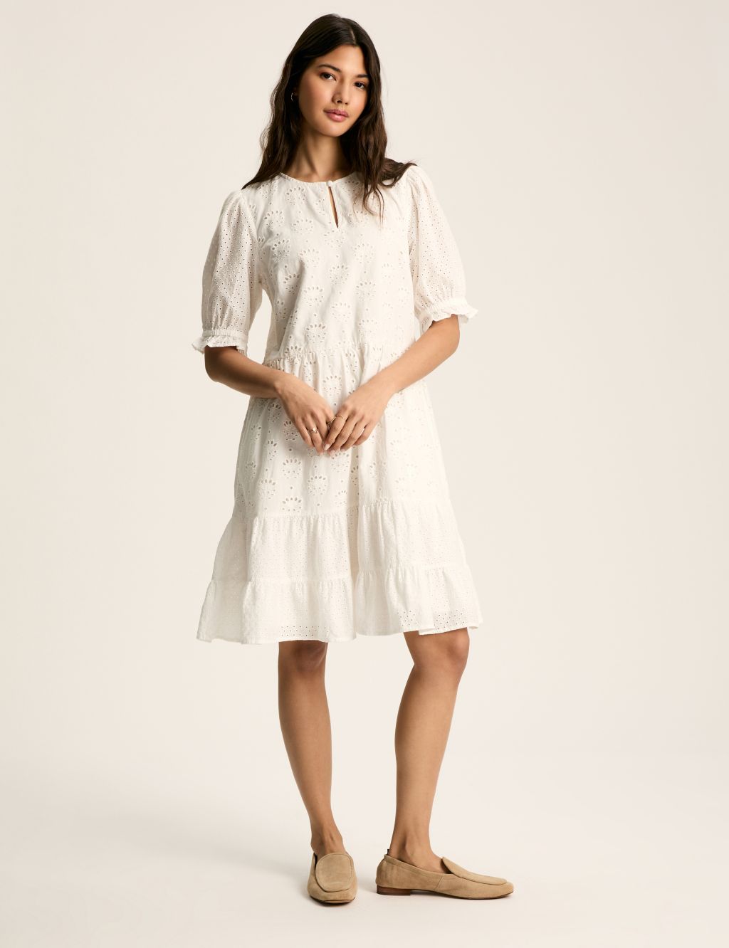Pure Cotton Broderie Knee Length Tiered Dress 3 of 6