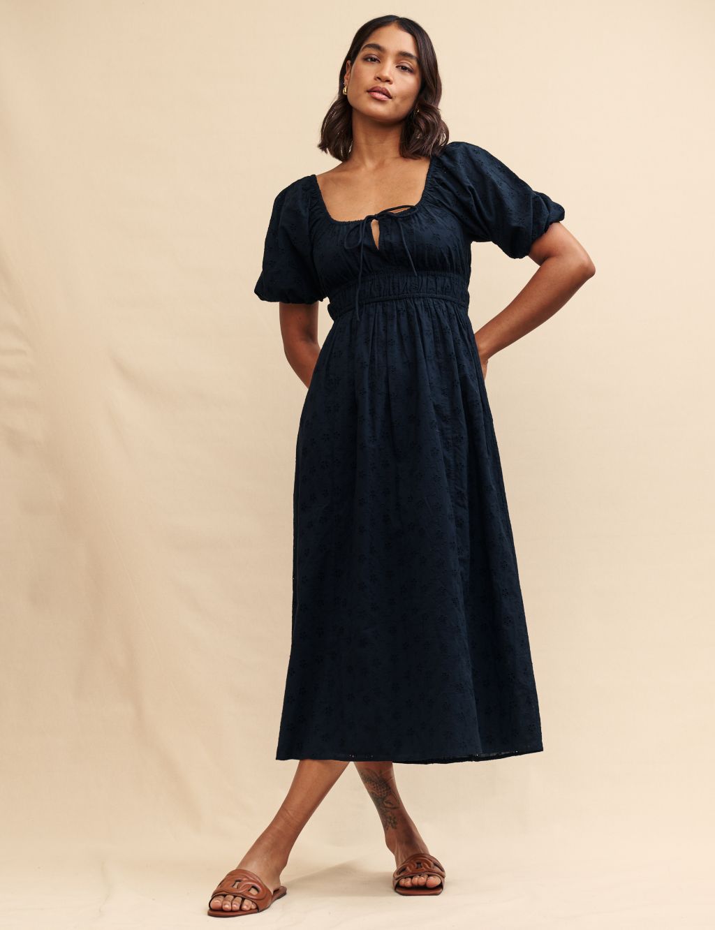 Pure Cotton Broderie Midaxi Waisted Dress 3 of 5
