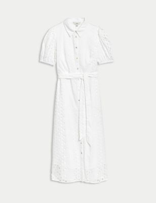 Pure Cotton Broderie Midi Shirt Dress Image 2 of 6