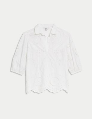 Pure Cotton Broderie Popover Blouse Image 2 of 5