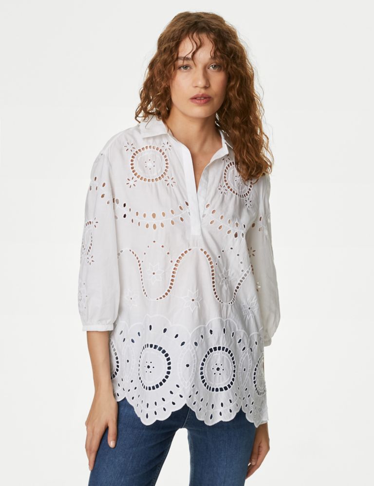 Pure Cotton Broderie Popover Blouse 3 of 5