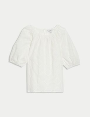 Pure Cotton Broderie Puff Sleeve Blouse Image 2 of 5