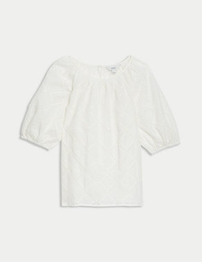Pure Cotton Broderie Puff Sleeve Blouse Image 2 of 5