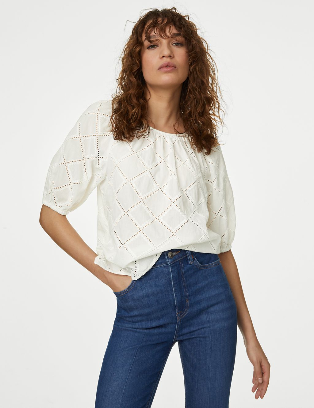 Pure Cotton Broderie Puff Sleeve Blouse 4 of 5