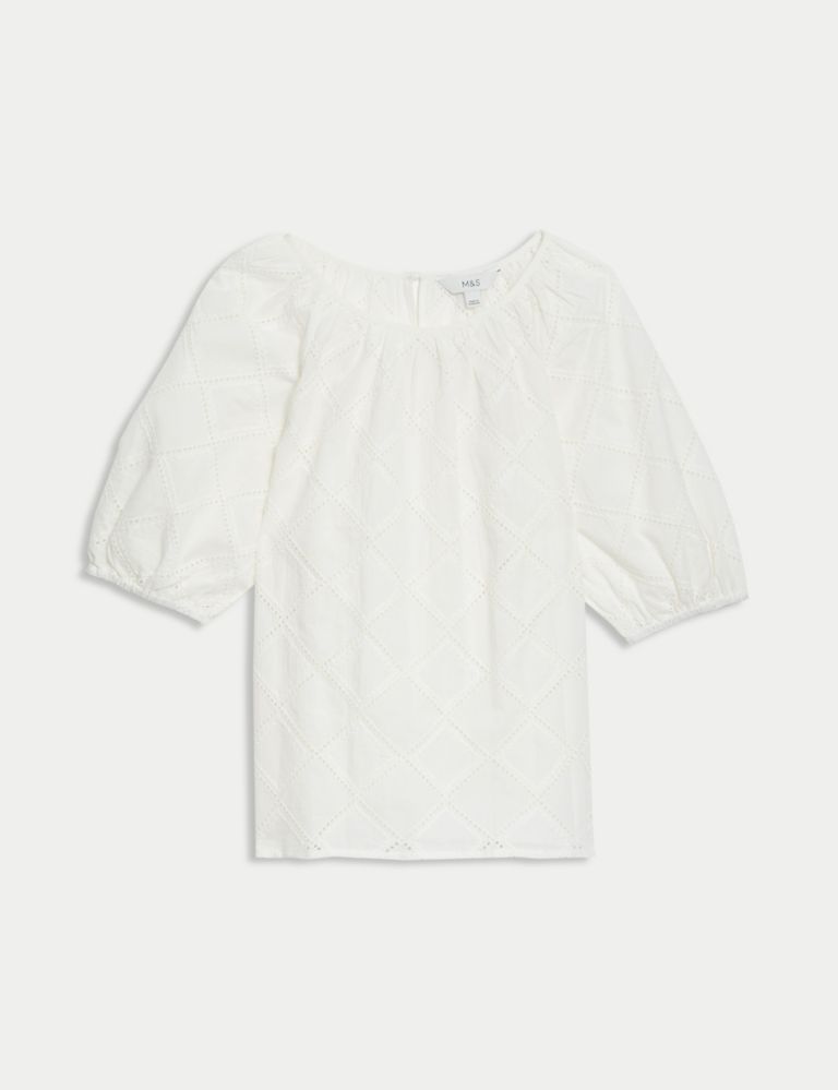Pure Cotton Broderie Puff Sleeve Blouse 2 of 5