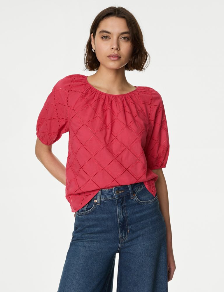 Pure Cotton Broderie Puff Sleeve Blouse 4 of 5