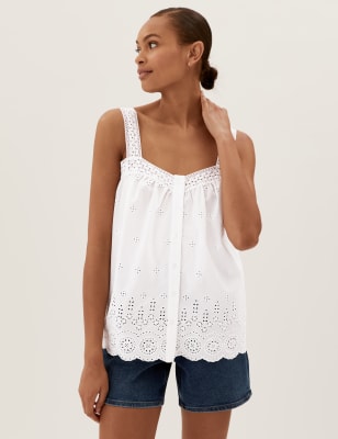 Broderie Detail Cami Top in Sustainable Cotton Pink, Vests, Camisoles And  Sleeveless Tops