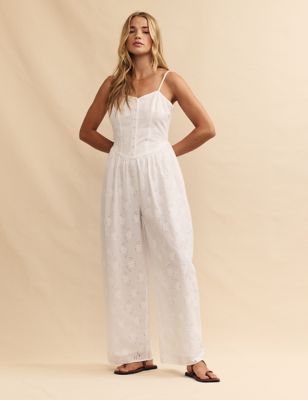 Pure Cotton Broderie Sleeveless Jumpsuit Image 2 of 6
