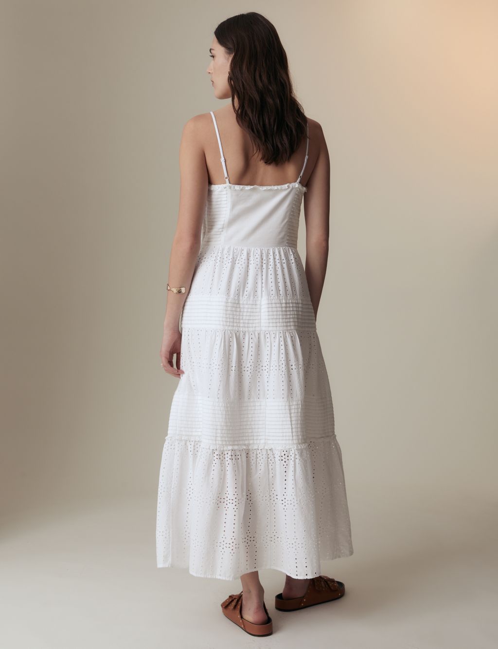 Pure Cotton Broderie Strappy Midaxi Tiered Dress 4 of 7
