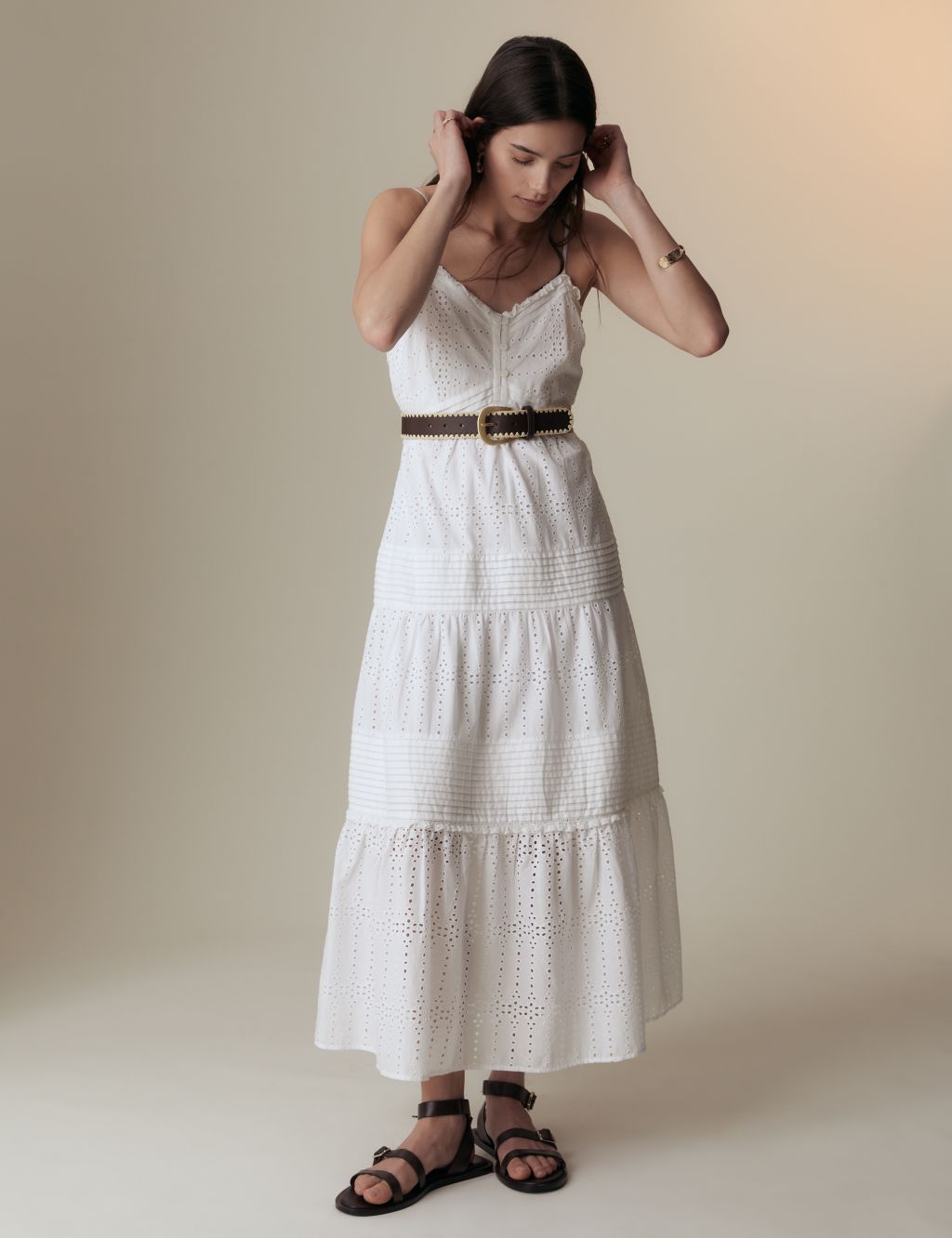 Pure Cotton Broderie Strappy Midaxi Tiered Dress 5 of 7