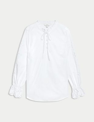 Pure Cotton Broderie Tie Front Blouse Image 2 of 5