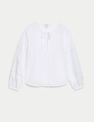 Pure Cotton Broderie Tie Neck Blouse Image 2 of 5