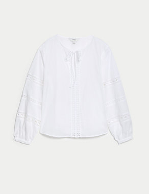Pure Cotton Broderie Tie Neck Blouse Image 2 of 5