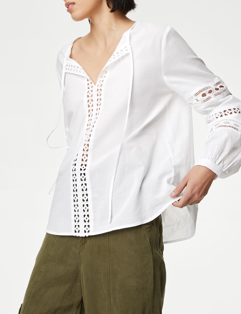 Pure Cotton Broderie Tie Neck Blouse 4 of 5