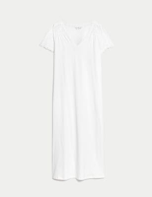 Pure Cotton Broderie Trim Long Nightdress Image 2 of 6