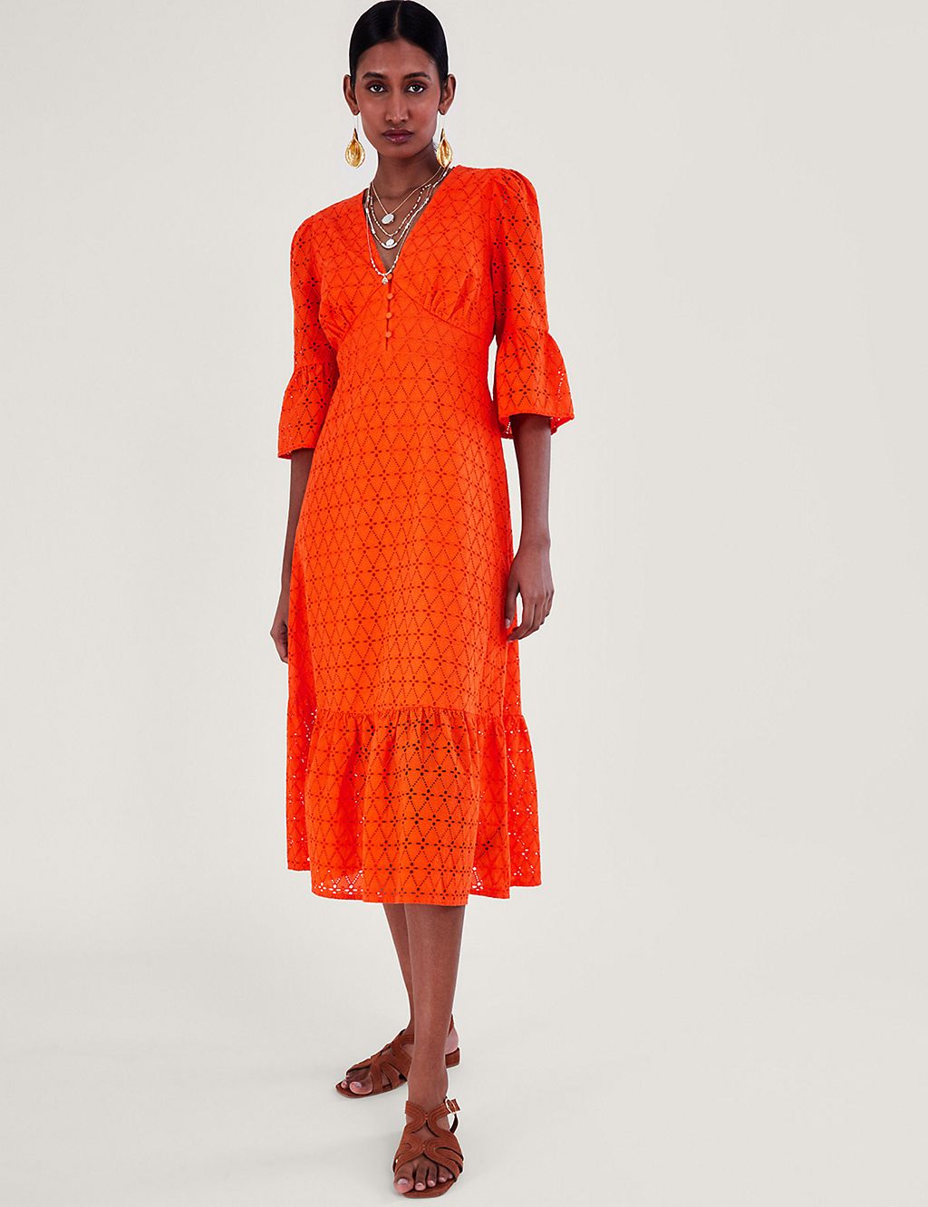 Pure Cotton Broderie V-Neck Midi Dress | Monsoon | M&S