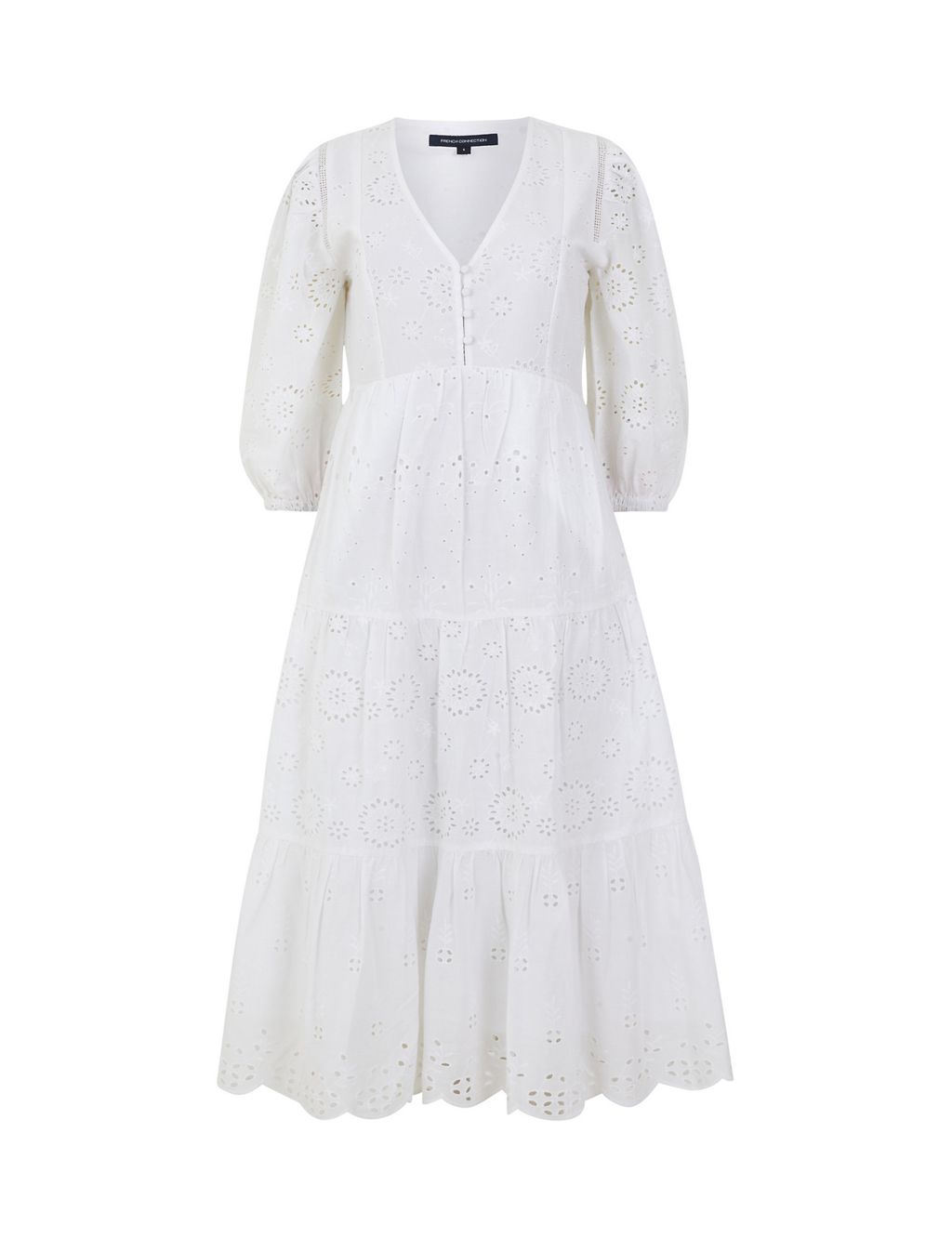 Pure Cotton Broderie V-Neck Midi Tiered Dress 1 of 4