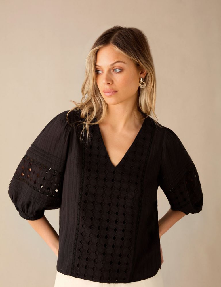 Pure Cotton Broderie V-Neck Popover Blouse 1 of 5