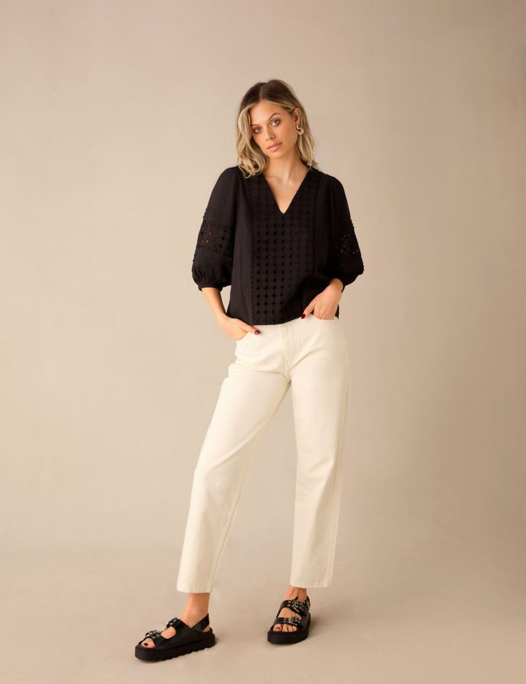 Pure Cotton Broderie V-Neck Popover Blouse 4 of 5