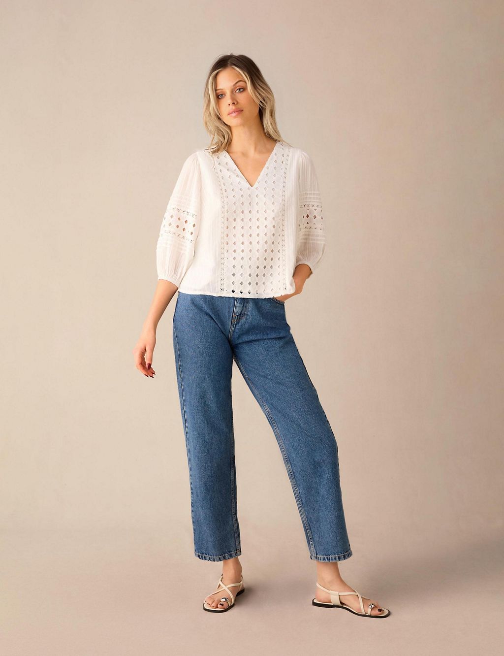 Pure Cotton Broderie V-Neck Popover Blouse 3 of 4