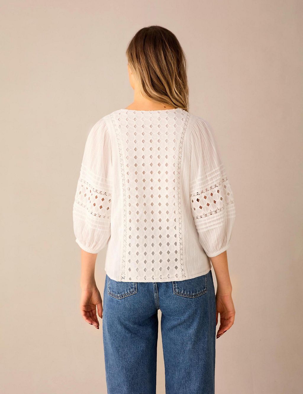 Pure Cotton Broderie V-Neck Popover Blouse 4 of 4