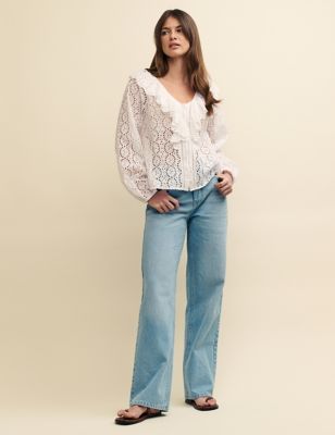 Pure Cotton Broderie V-Neck Relaxed Blouse Image 2 of 5
