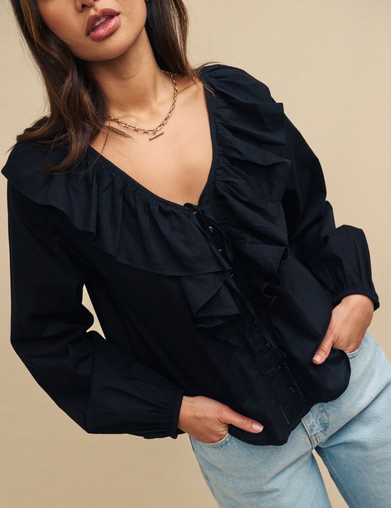 Pure Cotton Broderie V-Neck Relaxed Blouse 3 of 5