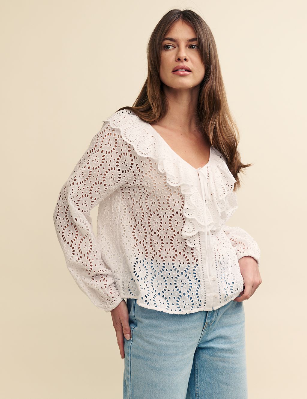 Pure Cotton Broderie V-Neck Relaxed Blouse 3 of 5