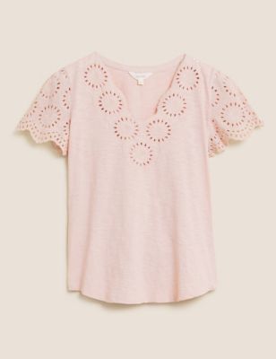 Pure Cotton Broderie V-Neck T-Shirt Image 2 of 6